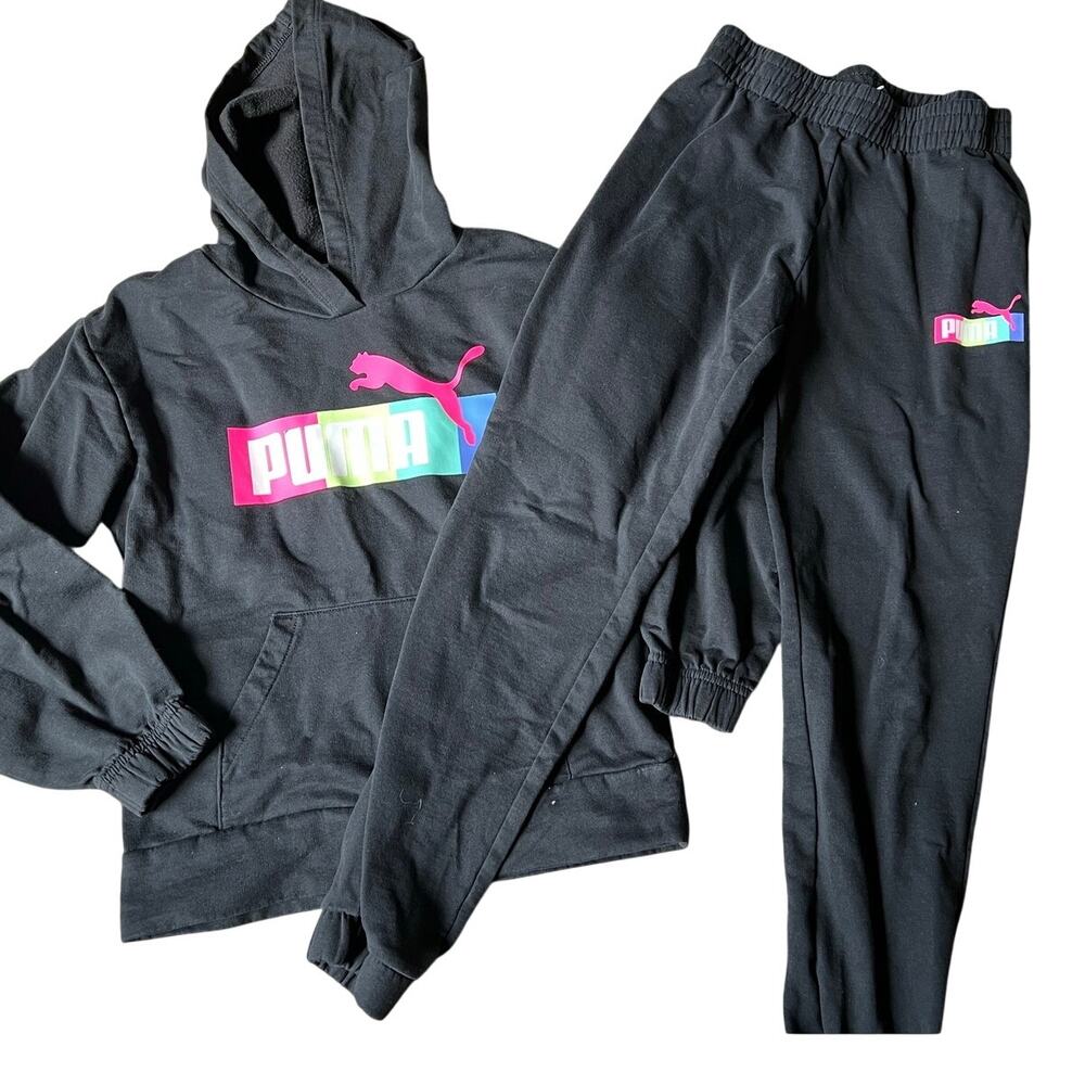 Girls Puma Sweatsuit, Lougewear, Medium 8/10, Black, Hoodie, Sweats, Comfort